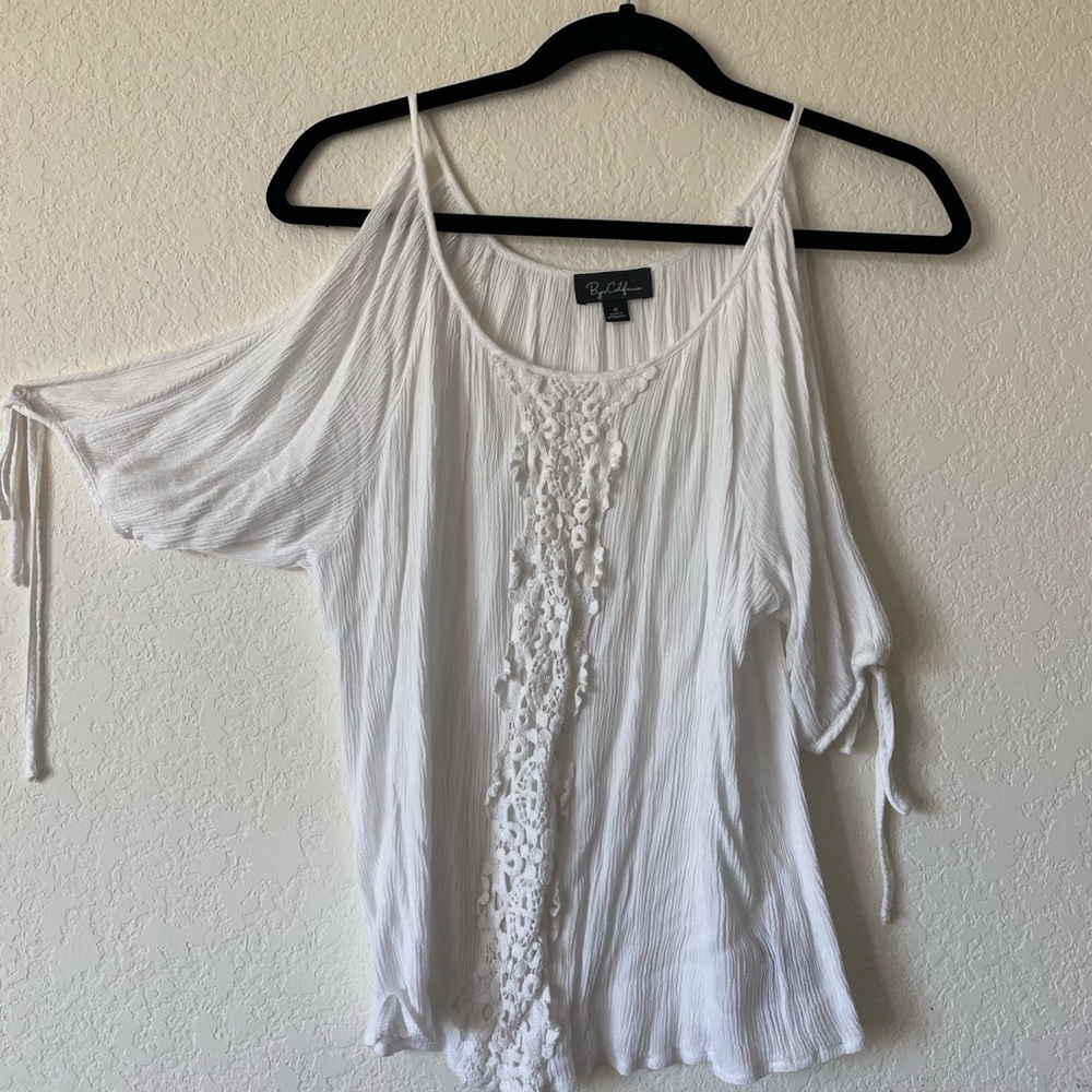 Open Shoulder Midi Sleeve Top White with Lace